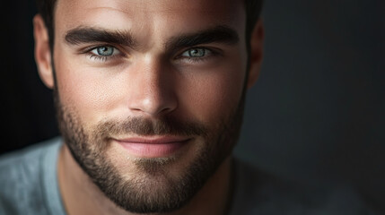 Obraz premium Close-up studio portrait showcasing a confident and charismatic man with captivating blue eyes and a warm smile