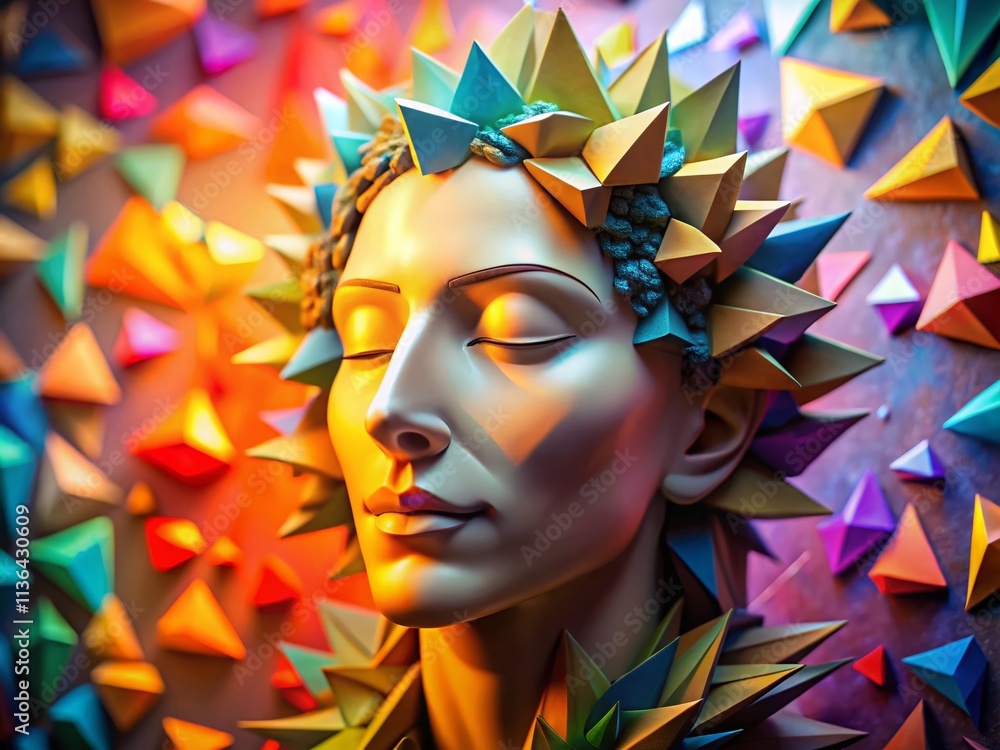 Aufkleber a serene human face sculpture with closed eyes surrounded by triangular paper cutouts, creating a ha