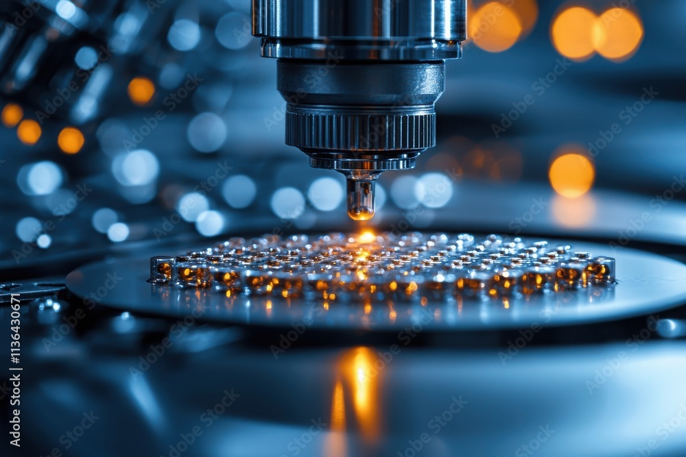 Poster precision robotic nozzle in action high-tech workshop closeup imagery dynamic industrial environment