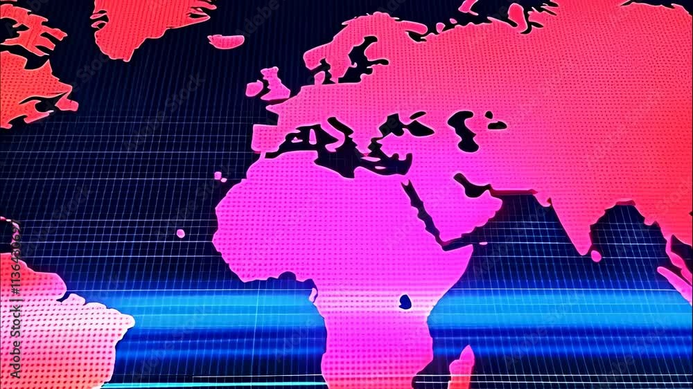 Poster digital world map with pink continents on dark grid background for global visualization