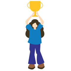 Cartoon-like illustration of a person with long hair, wearing a blue shirt and purple pants, holding a large yellow trophy above their head.
