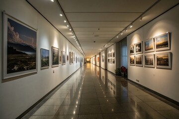 A Serene Long Empty Hallway Adorned with Pictures on the Walls, Inviting Reflection and Contemplation in a Minimalist Setting, Perfect for Modern Interior Decor or Art Spaces