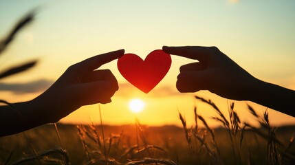 Fototapeta premium Hands Holding Red Heart Against Beautiful Sunset in Field