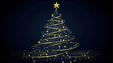 Christmas Tree with Golden Decorations Against Dark Blue Background, Soft Bokeh Lights, Versatile Holiday Greeting Card Template with Space for Text