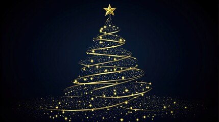 Christmas Tree with Golden Decorations Against Dark Blue Background, Soft Bokeh Lights, Versatile Holiday Greeting Card Template with Space for Text