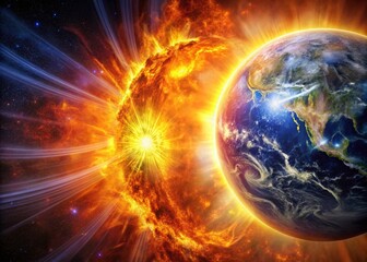 Obraz premium A Stunning Aerial View of a Solar Storm Next to a Planet, Showcasing the Spectacular Coronal Mass Ejection and the Glowing Corona of the Celestial Body in Space