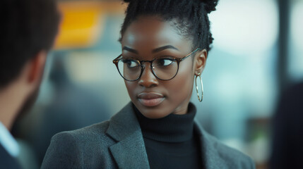 Professional office environment: young female professional in glasses attentively listening to colleague