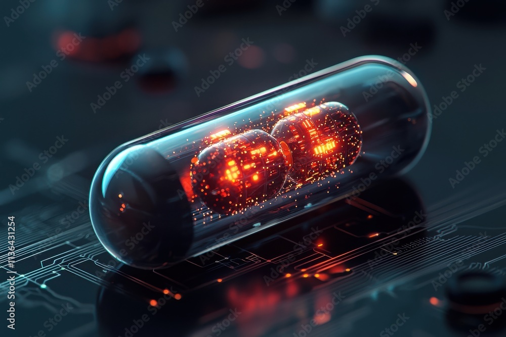 Poster closeup of a glowing capsule revealing tiny elements laboratory setting high-detail image futuristic