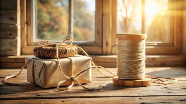 Rustic gifts wrapped in twine beside a spool of natural fiber string on a weathered wood surface in warm sunlight