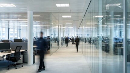 Interior of an ultra modern office building with open space, employees blurred in motion