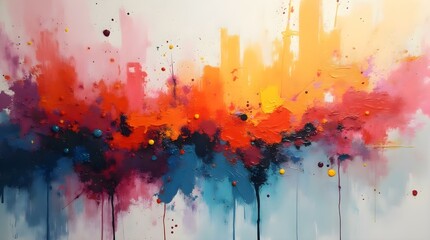 Vibrant abstract painting with splashes of orange, pink, and blue in a dynamic composition, AI Generation