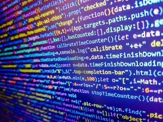 Genome sequencing. Assembly programming language code. Programming software code on computer screen which develop by the programmer to solve the business requirement. Code background. Blue php.