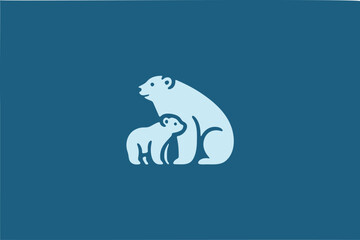 Minimalist polar bear logo with cub, white silhouettes, blue background