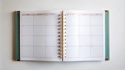 Open spiral-bound planner with weekly schedule view, showing blank pages for planning and note-taking.