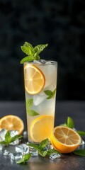 Refreshing lemonade drink garnished with mint leaves and lemon slices on a dark background