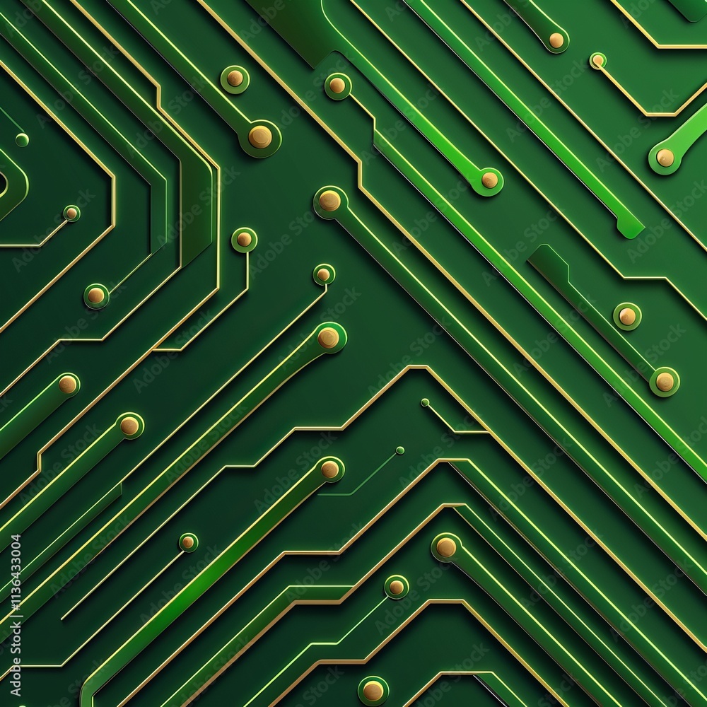 Poster close-up of a green circuit board with intricate patterns and golden traces, conveying a sense of te