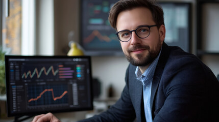 Fototapeta premium Stock market broker analyzing charts on multiple computer screens, working in modern office