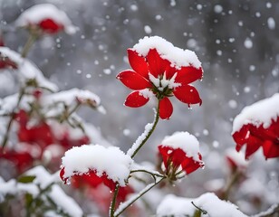 Red Bloom on Snowy Branches in Winter Forest