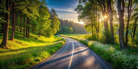 Scenic Winding Road Through Lush Green Forest at Sunset