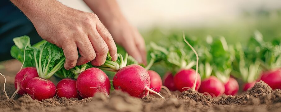 Gardening as a Peaceful and Mindful Hobby. Harvesting fresh radishes from the soil in a garden setting. - Powered by Adobe