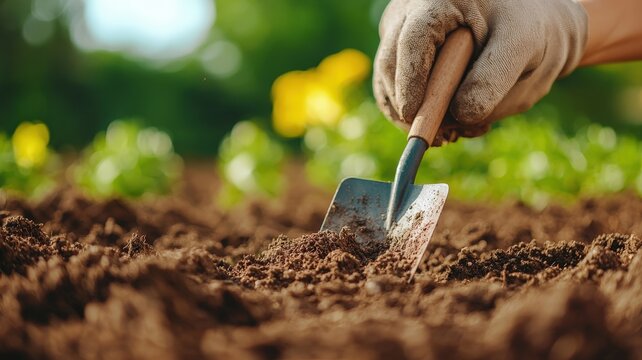 Gardening as a Peaceful and Mindful Hobby. Gardener cultivating soil with a shovel in a vibrant garden.
