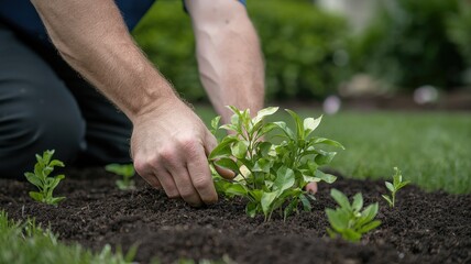 Fototapeta premium Gardening as a Peaceful and Mindful Hobby. Gardener planting seedlings in rich, dark soil.