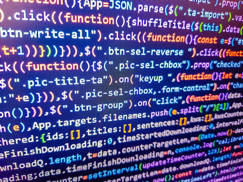 Website codes on monitor. Blue banner with php language code on development monitor. Programming language on laptop computer screen. Code on monitor. Demand for experienced programmers.