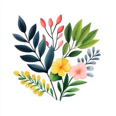 A vibrant illustration of assorted flowers and leaves, showcasing nature's beauty and diversity in a colorful arrangement.