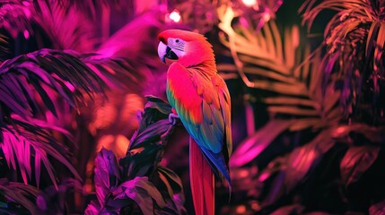 Obraz premium Vibrant Macaw in Tropical Jungle with Colorful Dusk Lighting