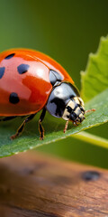 Fototapeta premium Ladybug on Leaf: A vibrant red ladybug with black spots rests delicately on a lush green leaf, showcasing intricate details in a captivating close-up.
