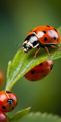 Fototapeta premium Ladybugs on a Leaf: A vibrant close-up captures three ladybugs, their shiny red shells adorned with black spots, perched on a lush green leaf.