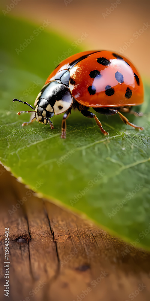 Poster ladybug on leaf macro: a vibrant ladybug with distinctive red shell and black spots rests on a fresh