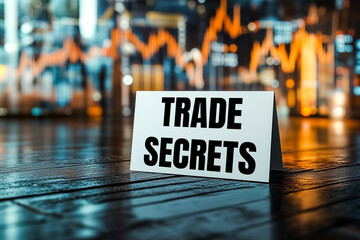 Trade secrets message written on white paper card on financial chart. Conceptual trade secrets symbol.