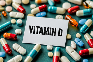 Vitamin d message written on white paper card with blue background. Conceptual vitamin d symbol.