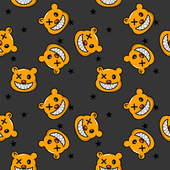 Fototapeta premium Face bear yellow cartoon so cute. On star black background. Pattern seamless vector illustration. 