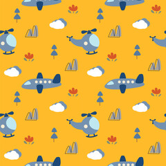 Airplane cartoon so cute. On tree mountain cloud flower yellow background. Pattern seamless vector illustration. 
