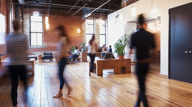 Interior of a modern corporate customer service office with employees blurred in motion - Powered by Adobe
