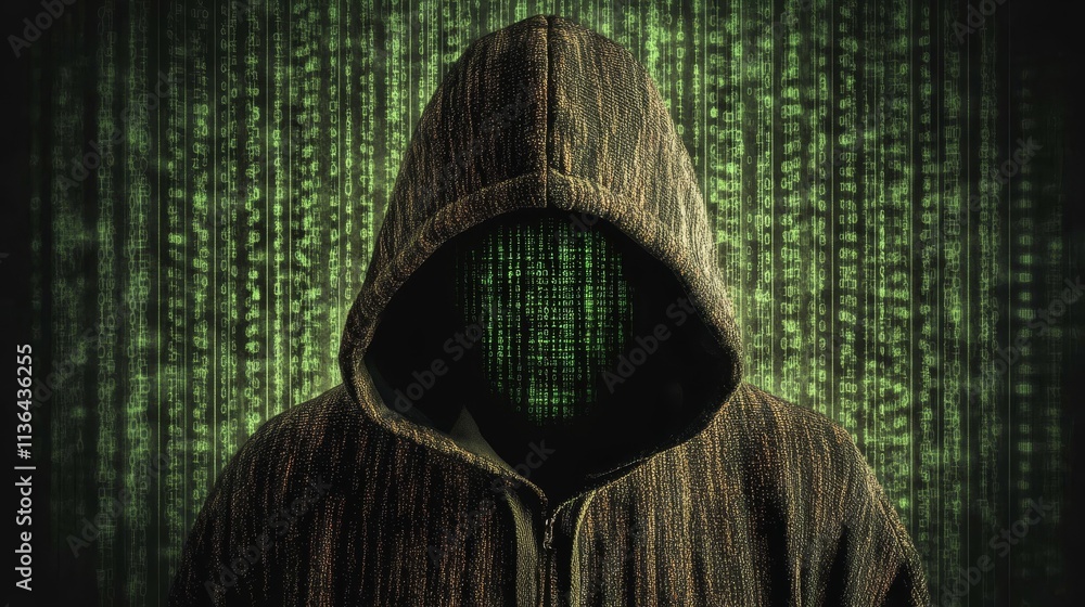 Poster stylish hooded jacket with a green binary code pattern, fusion of fashion and technology