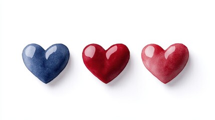 Fototapeta premium Three colorful heart shapes in red and blue, symbolizing love and affection.