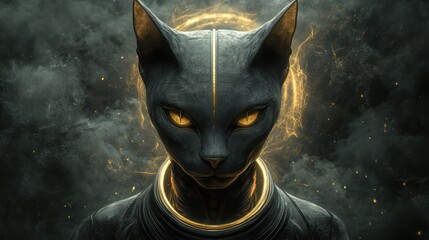 Majestic black cat with golden accents, glowing halo, smoky background.