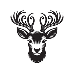 Black and white Christmas deer face clipart. Deer doodle. Cute festive character. Hand draw vector illustration in flat style