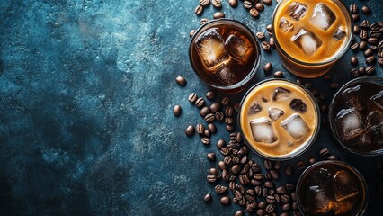 Refreshing cold beverages with coffee beans on a blue backdrop
