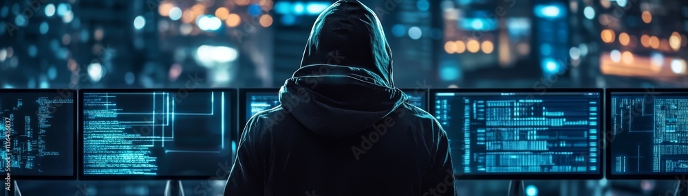 Poster tech enthusiast in a hoodie focused on multiple computer screens, immersed in the digital world.