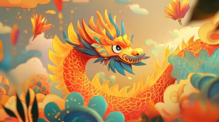 Fototapeta na wymiar A festive image capturing a vibrant dragon parade during Chinese New Year celebrations, blending cultural tradition with the mythical dragon motif