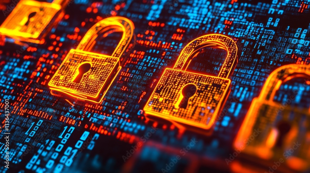 Poster digital security, closeup of padlock symbolizing data protection and cybersecurity in the age