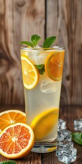 Refreshing citrus drink garnished with mint and ice on a rustic wooden table