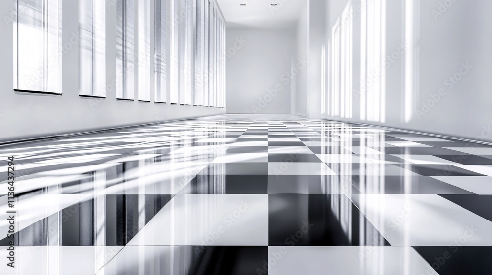 Aufkleber Sunlight illuminating empty corridor with checkered floor