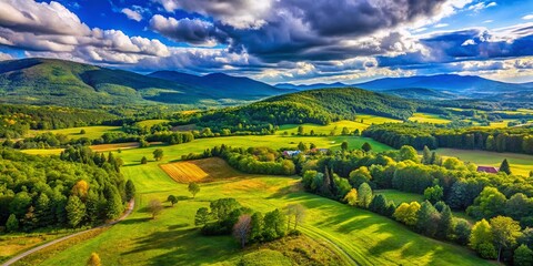 Berkshire Mountains Aerial Photography: Massachusetts Meadow Drone Shot, Scenic Vista, Hiking Trails, Fall Foliage, Green Landscape