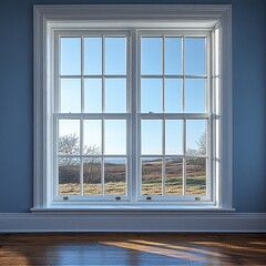 [High resolution interior window shot] Rural Landscape View Through Vintage Double-Hung Window