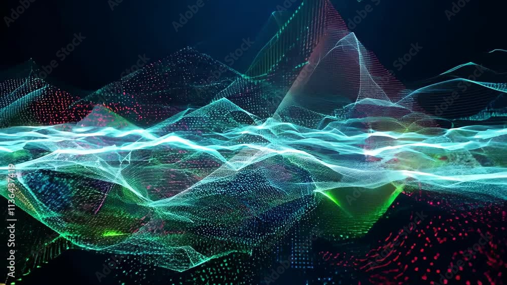 Poster colorful digital waves create a mesmerizing visual display in a dark setting